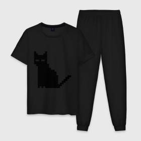 Мужская пижама хлопок с принтом Пиксельный котик в Новосибирске, 100% хлопок | брюки и футболка прямого кроя, без карманов, на брюках мягкая резинка на поясе и по низу штанин
 | Тематика изображения на принте: 90 | cat | kitten | kitty | pixel | кот | котейка | котик | котики | пиксель