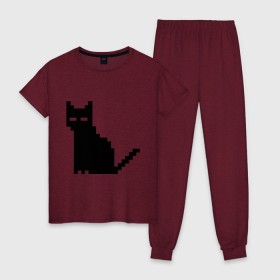 Женская пижама хлопок с принтом Пиксельный котик в Новосибирске, 100% хлопок | брюки и футболка прямого кроя, без карманов, на брюках мягкая резинка на поясе и по низу штанин | 90 | cat | kitten | kitty | pixel | кот | котейка | котик | котики | пиксель