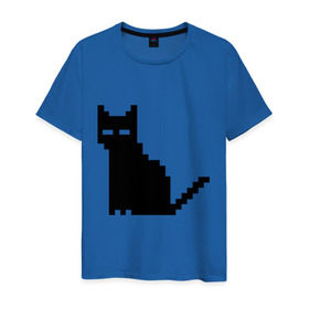 Мужская футболка хлопок с принтом Пиксельный котик в Новосибирске, 100% хлопок | прямой крой, круглый вырез горловины, длина до линии бедер, слегка спущенное плечо. | Тематика изображения на принте: 90 | cat | kitten | kitty | pixel | кот | котейка | котик | котики | пиксель