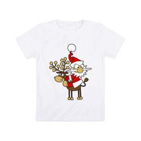 Детская футболка хлопок с принтом Санта на олене. в Новосибирске, 100% хлопок | круглый вырез горловины, полуприлегающий силуэт, длина до линии бедер | happy | happy new year | new year | santa | santa clows | олень | рудольф | санта | санта клаус