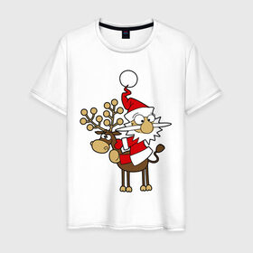Мужская футболка хлопок с принтом Санта на олене. в Новосибирске, 100% хлопок | прямой крой, круглый вырез горловины, длина до линии бедер, слегка спущенное плечо. | happy | happy new year | new year | santa | santa clows | олень | рудольф | санта | санта клаус