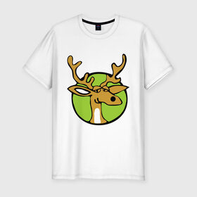 Мужская футболка премиум с принтом Довольный олень в Новосибирске, 92% хлопок, 8% лайкра | приталенный силуэт, круглый вырез ворота, длина до линии бедра, короткий рукав | довольный олень | новый год | олень | рога