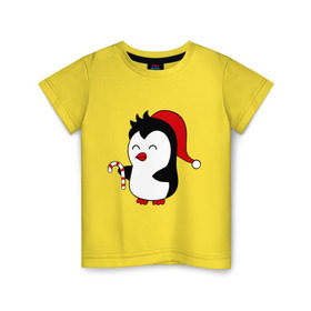Детская футболка хлопок с принтом Новогодний пингвин. в Новосибирске, 100% хлопок | круглый вырез горловины, полуприлегающий силуэт, длина до линии бедер | пингвин