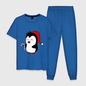 Мужская пижама хлопок с принтом Новогодний пингвин. в Новосибирске, 100% хлопок | брюки и футболка прямого кроя, без карманов, на брюках мягкая резинка на поясе и по низу штанин
 | Тематика изображения на принте: пингвин