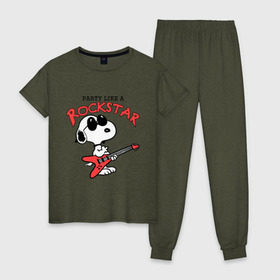 Женская пижама хлопок с принтом Snoopy Rockstar в Новосибирске, 100% хлопок | брюки и футболка прямого кроя, без карманов, на брюках мягкая резинка на поясе и по низу штанин | гитара