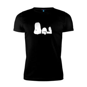 Мужская футболка премиум с принтом Спящий Снупи в Новосибирске, 92% хлопок, 8% лайкра | приталенный силуэт, круглый вырез ворота, длина до линии бедра, короткий рукав | snoopy | домик | мультфильм | снупи | собака | спящий снупи