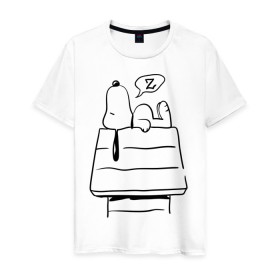 Мужская футболка хлопок с принтом Спящий Снупи в Новосибирске, 100% хлопок | прямой крой, круглый вырез горловины, длина до линии бедер, слегка спущенное плечо. | snoopy | домик | мультфильм | снупи | собака | спящий снупи