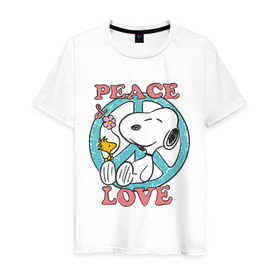 Мужская футболка хлопок с принтом Мир и любовь в Новосибирске, 100% хлопок | прямой крой, круглый вырез горловины, длина до линии бедер, слегка спущенное плечо. | snoopy | мир и любовь | мультфильм | снупи | собака