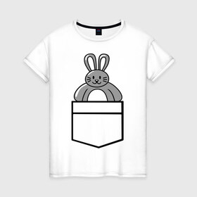 Женская футболка хлопок с принтом Зайчик в кармашке в Новосибирске, 100% хлопок | прямой крой, круглый вырез горловины, длина до линии бедер, слегка спущенное плечо | животные | зайчик | карман | одежда | прикольные картинки