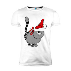 Мужская футболка премиум с принтом Кот в шапке в Новосибирске, 92% хлопок, 8% лайкра | приталенный силуэт, круглый вырез ворота, длина до линии бедра, короткий рукав | Тематика изображения на принте: киса | колпак | кот | кот в шапке | кошка | новый год | шапка