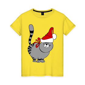 Женская футболка хлопок с принтом Кот в шапке в Новосибирске, 100% хлопок | прямой крой, круглый вырез горловины, длина до линии бедер, слегка спущенное плечо | киса | колпак | кот | кот в шапке | кошка | новый год | шапка