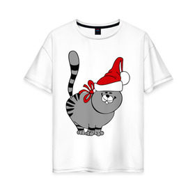 Женская футболка хлопок Oversize с принтом Кот в шапке в Новосибирске, 100% хлопок | свободный крой, круглый ворот, спущенный рукав, длина до линии бедер
 | киса | колпак | кот | кот в шапке | кошка | новый год | шапка