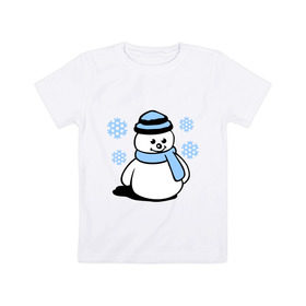Детская футболка хлопок с принтом Снеговик в Новосибирске, 100% хлопок | круглый вырез горловины, полуприлегающий силуэт, длина до линии бедер | зима | новый год | снег | снеговик | снежинки | шарф