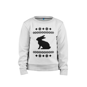 Детский свитшот хлопок с принтом Свитер с зайцем в Новосибирске, 100% хлопок | круглый вырез горловины, эластичные манжеты, пояс и воротник | Тематика изображения на принте: заяц | свитер | свитер с зайцем | снежинки | узор