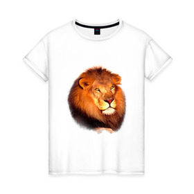 Женская футболка хлопок с принтом Лев в Новосибирске, 100% хлопок | прямой крой, круглый вырез горловины, длина до линии бедер, слегка спущенное плечо | animals | lion | mountain | животные | лев | прикольные картинки