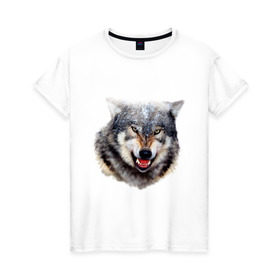 Женская футболка хлопок с принтом Волк в Новосибирске, 100% хлопок | прямой крой, круглый вырез горловины, длина до линии бедер, слегка спущенное плечо | animals | mountain | wolf | волк | животные | прикольные картинки