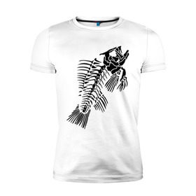 Мужская футболка премиум с принтом Рыбий скелет в Новосибирске, 92% хлопок, 8% лайкра | приталенный силуэт, круглый вырез ворота, длина до линии бедра, короткий рукав | Тематика изображения на принте: скелет
