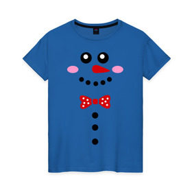 Женская футболка хлопок с принтом Позитивный снеговичек в Новосибирске, 100% хлопок | прямой крой, круглый вырез горловины, длина до линии бедер, слегка спущенное плечо | новый год | позитивный снеговичек | снег | снеговие | улыбка