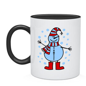 Кружка двухцветная с принтом Веселый снеговик в Новосибирске, керамика | объем — 330 мл, диаметр — 80 мм. Цветная ручка и кайма сверху, в некоторых цветах — вся внутренняя часть | Тематика изображения на принте: веселый снеговик | зима | новый год | снег | снеговик | снежинки