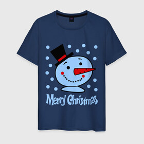 Мужская футболка хлопок с принтом Merry christmas в Новосибирске, 100% хлопок | прямой крой, круглый вырез горловины, длина до линии бедер, слегка спущенное плечо. | 2014 | merry christmas | зима | новый год | с новым годом | с рождеством | снег | снеговик