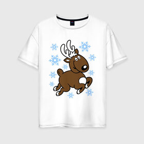 Женская футболка хлопок Oversize с принтом Олень и снежинки. в Новосибирске, 100% хлопок | свободный крой, круглый ворот, спущенный рукав, длина до линии бедер
 | новогодние подарки | новый год | олененок | олень | подарок на новый год | снежинки