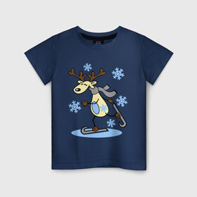 Детская футболка хлопок с принтом Олень на лыжах. в Новосибирске, 100% хлопок | круглый вырез горловины, полуприлегающий силуэт, длина до линии бедер | Тематика изображения на принте: лыжи | новогодние подарки | новый год | олененок | олень | подарок на новый год