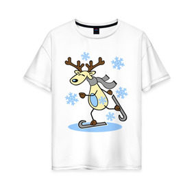 Женская футболка хлопок Oversize с принтом Олень на лыжах. в Новосибирске, 100% хлопок | свободный крой, круглый ворот, спущенный рукав, длина до линии бедер
 | лыжи | новогодние подарки | новый год | олененок | олень | подарок на новый год