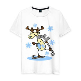 Мужская футболка хлопок с принтом Олень на лыжах. в Новосибирске, 100% хлопок | прямой крой, круглый вырез горловины, длина до линии бедер, слегка спущенное плечо. | Тематика изображения на принте: лыжи | новогодние подарки | новый год | олененок | олень | подарок на новый год