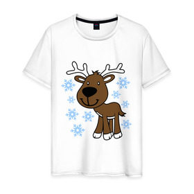 Мужская футболка хлопок с принтом Олень в снегу. в Новосибирске, 100% хлопок | прямой крой, круглый вырез горловины, длина до линии бедер, слегка спущенное плечо. | новогодний подарок | новый год | олень | с новым годом | снег | снежинки