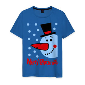 Мужская футболка хлопок с принтом Снеговик в цилиндре в Новосибирске, 100% хлопок | прямой крой, круглый вырез горловины, длина до линии бедер, слегка спущенное плечо. | merry christmas | морковка | новогодний подарок | новый год | с новым годом | снег | снеговик | снежинки | цилиндр