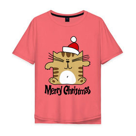 Мужская футболка хлопок Oversize с принтом Квадратный кот в Новосибирске, 100% хлопок | свободный крой, круглый ворот, “спинка” длиннее передней части | merry christmas | кот | новогодний колпак | новогодний подарок | новый год | с новым годом