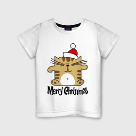 Детская футболка хлопок с принтом Квадратный кот в Новосибирске, 100% хлопок | круглый вырез горловины, полуприлегающий силуэт, длина до линии бедер | merry christmas | кот | новогодний колпак | новогодний подарок | новый год | с новым годом