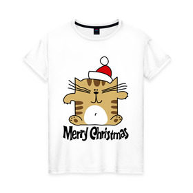 Женская футболка хлопок с принтом Квадратный кот в Новосибирске, 100% хлопок | прямой крой, круглый вырез горловины, длина до линии бедер, слегка спущенное плечо | merry christmas | кот | новогодний колпак | новогодний подарок | новый год | с новым годом