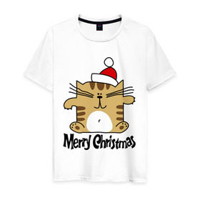 Мужская футболка хлопок с принтом Квадратный кот в Новосибирске, 100% хлопок | прямой крой, круглый вырез горловины, длина до линии бедер, слегка спущенное плечо. | merry christmas | кот | новогодний колпак | новогодний подарок | новый год | с новым годом