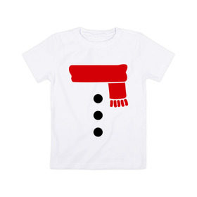 Детская футболка хлопок с принтом Снеговик, пуговицы и шарф в Новосибирске, 100% хлопок | круглый вырез горловины, полуприлегающий силуэт, длина до линии бедер | новогодние подарки | новогодний подарок | новый год | снег | снеговик | шарф