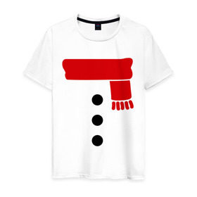 Мужская футболка хлопок с принтом Снеговик, пуговицы и шарф в Новосибирске, 100% хлопок | прямой крой, круглый вырез горловины, длина до линии бедер, слегка спущенное плечо. | новогодние подарки | новогодний подарок | новый год | снег | снеговик | шарф