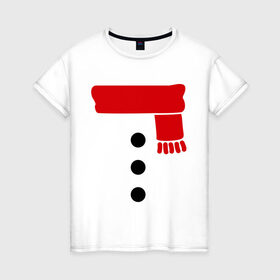 Женская футболка хлопок с принтом Снеговик, пуговицы и шарф в Новосибирске, 100% хлопок | прямой крой, круглый вырез горловины, длина до линии бедер, слегка спущенное плечо | новогодние подарки | новогодний подарок | новый год | снег | снеговик | шарф