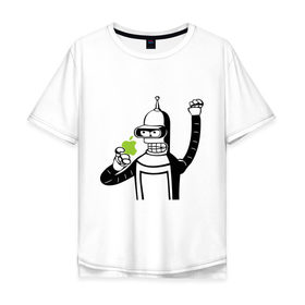 Мужская футболка хлопок Oversize с принтом Бендер и яблоко в Новосибирске, 100% хлопок | свободный крой, круглый ворот, “спинка” длиннее передней части | bender | futurama fans | futurama t shirt | newtop | robot | toplanding | uturama | бендер | бендер и яблоко | выше нос | мультики | мультфильмы | робот | фрукт | футурама