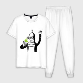 Мужская пижама хлопок с принтом Бендер и яблоко в Новосибирске, 100% хлопок | брюки и футболка прямого кроя, без карманов, на брюках мягкая резинка на поясе и по низу штанин
 | Тематика изображения на принте: bender | futurama fans | futurama t shirt | newtop | robot | toplanding | uturama | бендер | бендер и яблоко | выше нос | мультики | мультфильмы | робот | фрукт | футурама