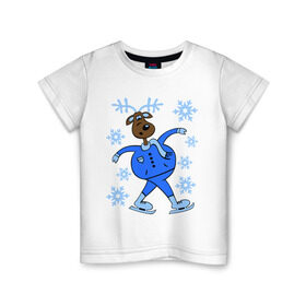 Детская футболка хлопок с принтом Олень на коньках в Новосибирске, 100% хлопок | круглый вырез горловины, полуприлегающий силуэт, длина до линии бедер | коньки | новогодний подарок | олень | олень и снег | олень на коньках | с новым годом | снежинки