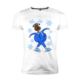 Мужская футболка премиум с принтом Олень на коньках в Новосибирске, 92% хлопок, 8% лайкра | приталенный силуэт, круглый вырез ворота, длина до линии бедра, короткий рукав | коньки | новогодний подарок | олень | олень и снег | олень на коньках | с новым годом | снежинки