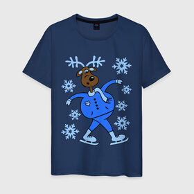 Мужская футболка хлопок с принтом Олень на коньках в Новосибирске, 100% хлопок | прямой крой, круглый вырез горловины, длина до линии бедер, слегка спущенное плечо. | коньки | новогодний подарок | олень | олень и снег | олень на коньках | с новым годом | снежинки