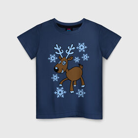 Детская футболка хлопок с принтом Олень и снег в Новосибирске, 100% хлопок | круглый вырез горловины, полуприлегающий силуэт, длина до линии бедер | 2014 год | новогодний подарок | новый год | олень | олень и снег | с новым годом | снег | снежинки