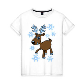 Женская футболка хлопок с принтом Олень и снег в Новосибирске, 100% хлопок | прямой крой, круглый вырез горловины, длина до линии бедер, слегка спущенное плечо | Тематика изображения на принте: 2014 год | новогодний подарок | новый год | олень | олень и снег | с новым годом | снег | снежинки
