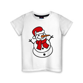 Детская футболка хлопок с принтом Снеговик в Новосибирске, 100% хлопок | круглый вырез горловины, полуприлегающий силуэт, длина до линии бедер | Тематика изображения на принте: 2014 | веселый снеговик | зима | снег | снеговик | снеговикновый год | снежинки
