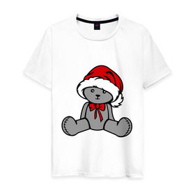 Мужская футболка хлопок с принтом Мишка в новогодней шапке в Новосибирске, 100% хлопок | прямой крой, круглый вырез горловины, длина до линии бедер, слегка спущенное плечо. | новогодний | рождество