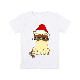 Детская футболка хлопок с принтом Угрюмый новогодний кот в Новосибирске, 100% хлопок | круглый вырез горловины, полуприлегающий силуэт, длина до линии бедер | Тематика изображения на принте: кот | котик | котя | новый год | новый год 2014 | угрюмый новогодний кот