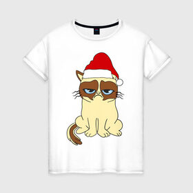 Женская футболка хлопок с принтом Угрюмый новогодний кот в Новосибирске, 100% хлопок | прямой крой, круглый вырез горловины, длина до линии бедер, слегка спущенное плечо | Тематика изображения на принте: кот | котик | котя | новый год | новый год 2014 | угрюмый новогодний кот