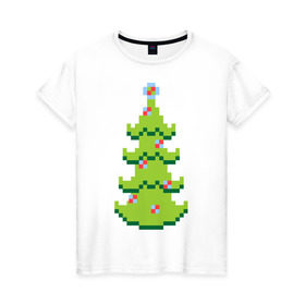 Женская футболка хлопок с принтом Пиксельная елка в Новосибирске, 100% хлопок | прямой крой, круглый вырез горловины, длина до линии бедер, слегка спущенное плечо | 8 bit | елочка | ель | новогодняя елка | пиксели | пиксельный | с новым годом | с рождеством