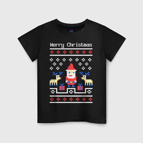 Детская футболка хлопок с принтом Пиксельный узор в Новосибирске, 100% хлопок | круглый вырез горловины, полуприлегающий силуэт, длина до линии бедер | 8 bit | merry christmas | новогодний | новогодняя | олени | орнамент | пиксели | пиксельный узор | подарки | подарок на новый год | рождество | с новым годом | с рождеством | санта клаус